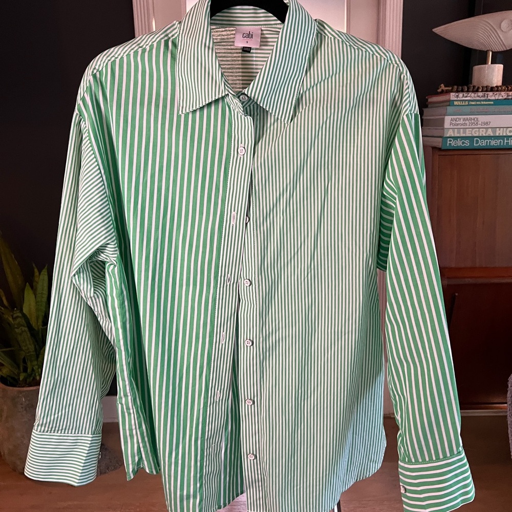 Cabi Women's Green and White Striped Button Down Shirt